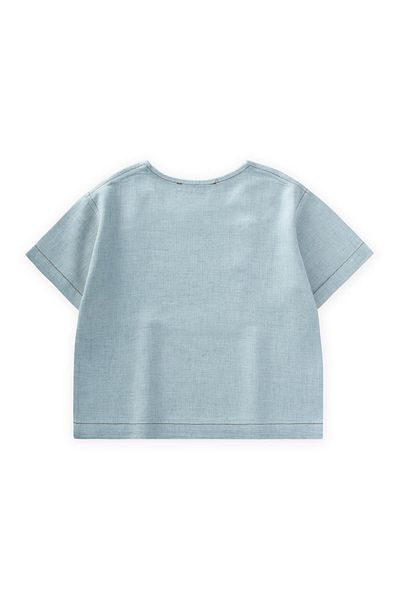 Cigit Contrast Stitched Linen Blouse 2-7 Years Blue