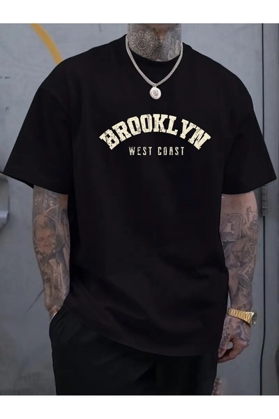 LAND MODA تي شيرت رجالي مقاس كبير، طباعة بروكلين، تي شيرت صيفي بأكمام قصيرة، ...