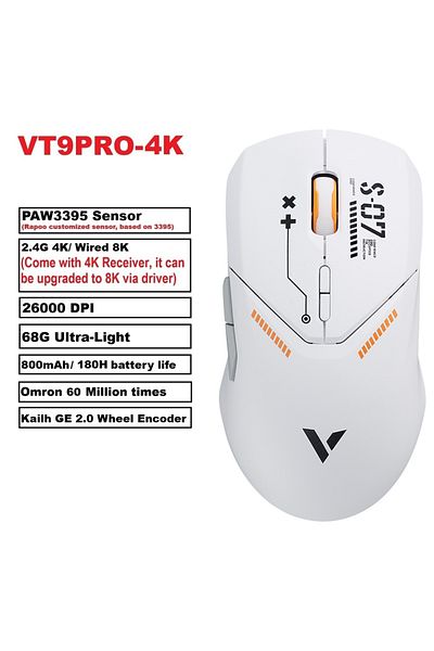 Choice ماوس الألعاب اللاسلكي Vt9pro4k Whiteorange Rapoo Vt9pro Paw3398، 26000 نقطة في البوصة، 68 جرام، خفيف الوزن، سلكي