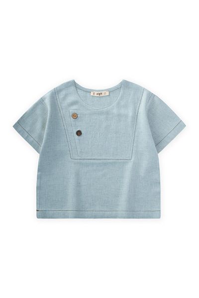 Cigit Contrast Stitched Linen Blouse 2-7 Years Blue
