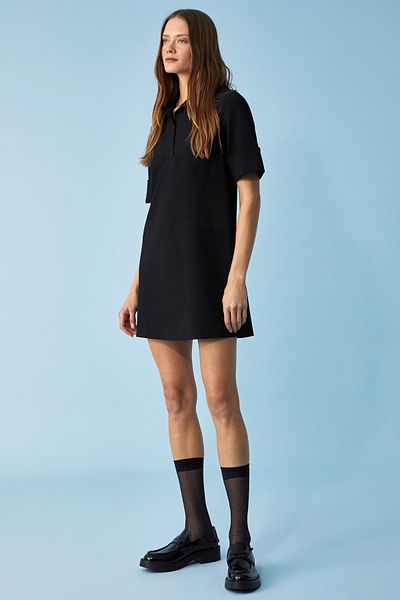 GRIMELANGE Nouru Women's Polo Neck Short Sleeve Oversize Fit Short Black Dress