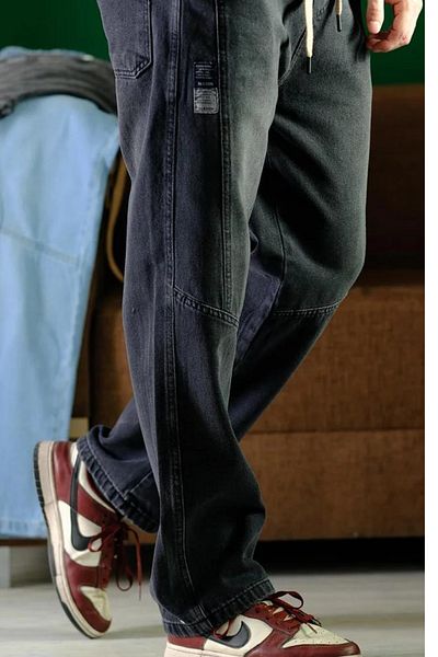 Tarz Cool Men's Dark Smoked Waist Elastic Laced Baggy Fit Jean Trousers