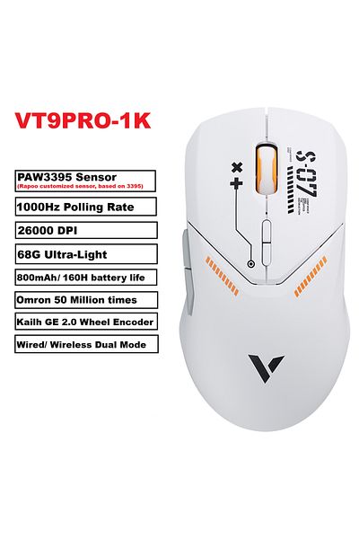 Choice ماوس الألعاب اللاسلكي Vt9pro1k Whiteorange Rapoo Vt9pro Paw3398، 26000 نقطة في البوصة، 68 جرام، خفيف الوزن، سلكي