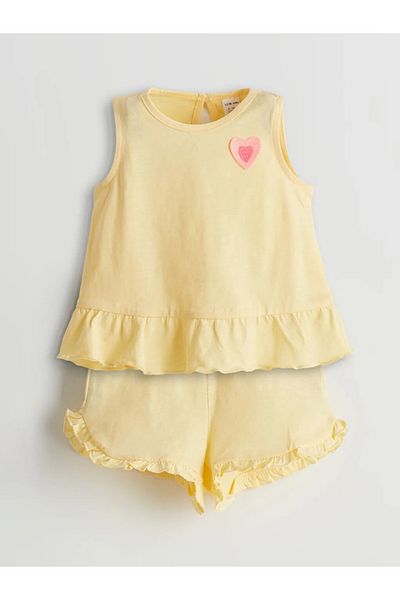 LC Waikiki Lcw Baby Yellow Heart Printed Baby Girl Blouse and Shorts 2-Pack