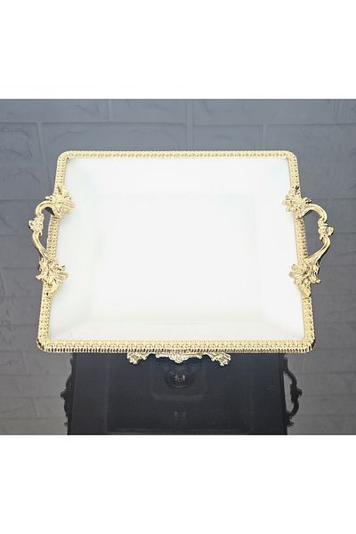 atabey home Porcelain Small Plain Square Serving Plate-Presentation Bowl Cast Gold Frame and Legs 22cm