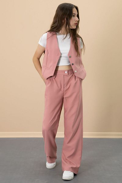 Cansın Mini Pink V-Neck Buttoned Vest and Wide-Leg Pants for Girls 2-Piece Set 20724