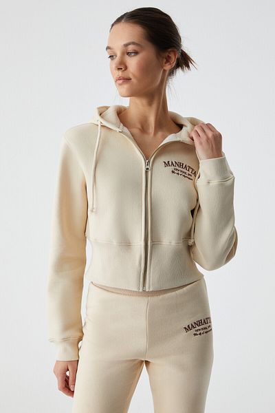 GRIMELANGE Iressine Women's Hooded Zip Long Sleeve Regular Stone Color Sweatshirt