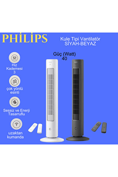 Philips BEYAZ Kule Tipi Fan, 105 cm ince tasarım, Uzaktan kumandalı, Zamanlayıcı, 3 Hız, 40W
