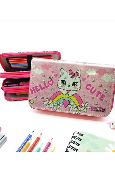 senacacollection Pencil Case Black Pink Blink Organizer Pencil Case Vegan Leather 3 Compartments 1 PCS