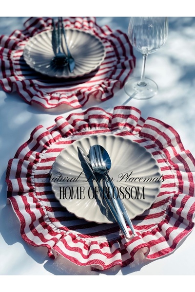 HOME OF BLOSSOM 2Li Red Striped Linen Frilly American Service/ Supla
