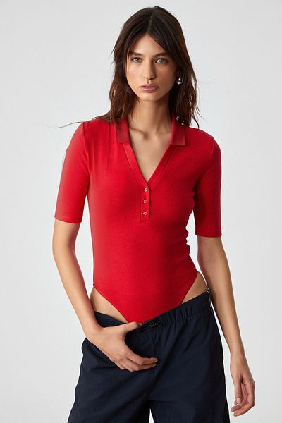 GRIMELANGE Lokkıser Women's Buttoned Apaj Collar Short Sleeve Red Blouse