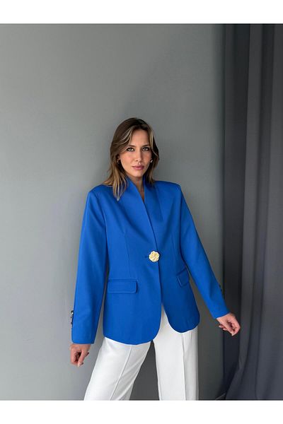 AlisaSu Jachetă blazer cu guler șal cu nasturi aurii albastri