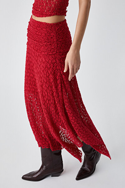 GRIMELANGE KARMA Kadın Oversize Lastikli Yüksek Bel Uzun Kırmızı Etek