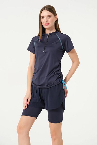 TESMAY Short Sleeve Half Zip Quick Dry Fabric Shorts Women's Semi-Covered Swimsuit with Leggings