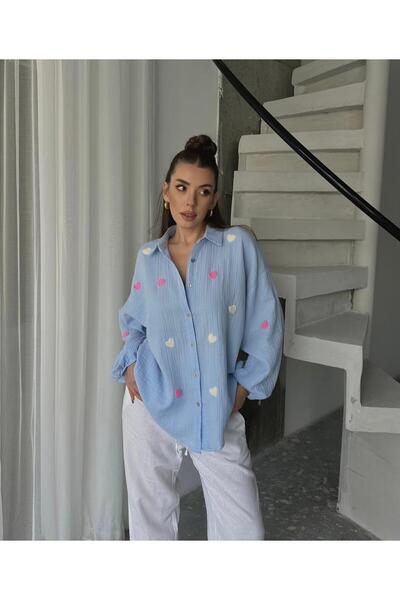 hedef giyim Kalp Nkış İşlemeli Müslin Gömlek