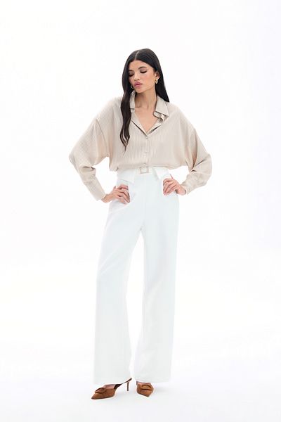 Sateen Pantaloni ecru cu picior lat și talie