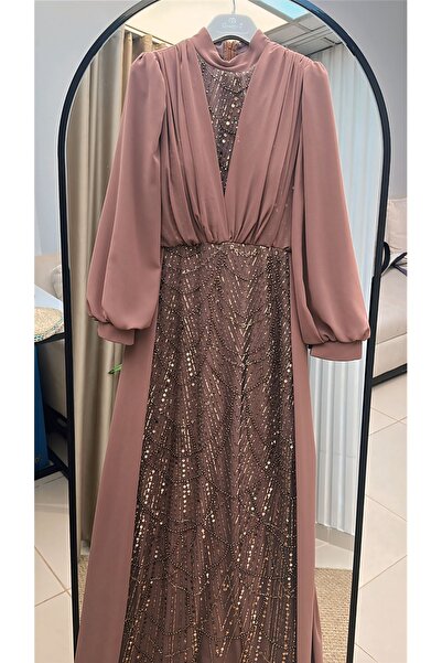 MERVE TESETTÜR Βραδινό φόρεμα από σιφόν με πέτρες με πράσινο χρώμα