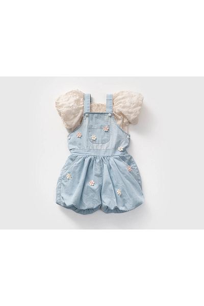 Momercy Floral Baby Girl Denim Salopet and Shirt Set