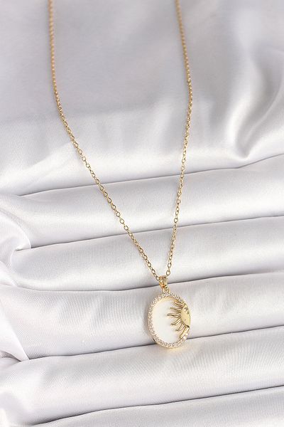Skygo 316L Steel Gold Color Chain White Enamel Sunset Model Zircon Stone Detail Women's Necklace - Tj-Bko10002