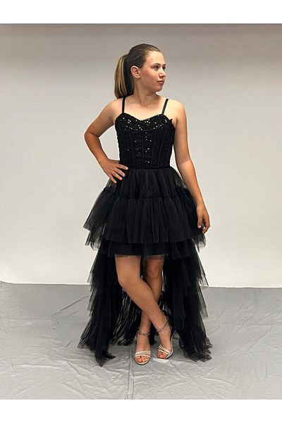 BUTİKHAPPYKİDS Βραδινό φόρεμα για κορίτσια Μαύρο μπροστινό κοντό τρένο με παγιέτες κεντημένο με παπιγιόν που καλύπτει βραδινό φόρεμα 10-15 ετών