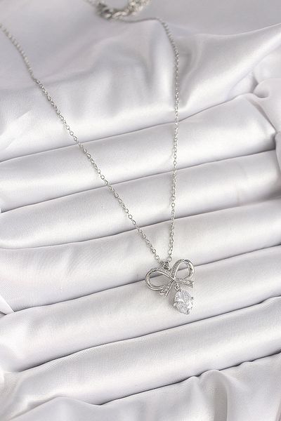 Skygo 316L Steel Silver Color Chain Zircon Stone Ribbon Model Women's Necklace - Tj-Bko9961