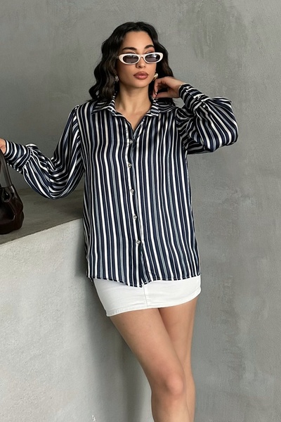 MD trend Kadın Çizgili Balon Kol Saten Gömlek