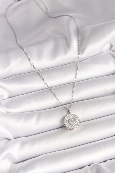 Skygo 316L Steel Silver Color Chain Zircon Stone Heart Embroidered Medallion Model Women's Necklace - Tj-Bko9947