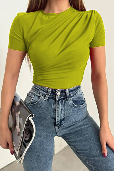 Cockatoo Women's Crew Neck and Waist Drawstring Sandy Fabric Short Sleeve Blouse