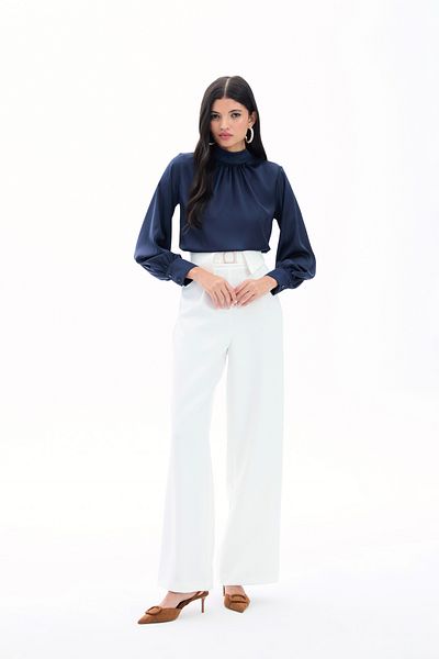 Sateen Satin Blouse with Collar Detail - Navy Blue