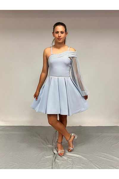 BUTİKHAPPYKİDS Rochie de seara pentru fetita, crepon scurta, albastru, guler, dungi, strasuri, maneca singura, detasabila, tul, rochie de seara Erkut 10-1