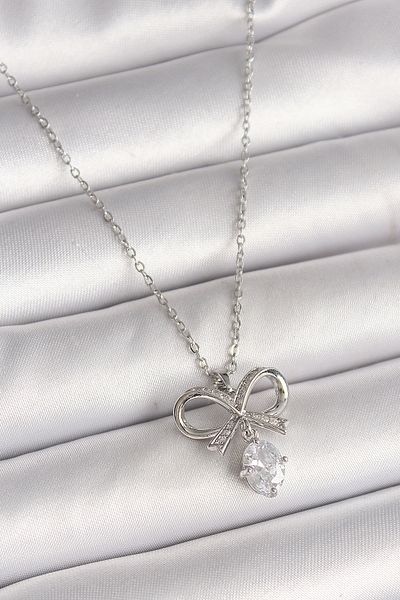 Skygo 316L Steel Silver Color Chain Zircon Stone Ribbon Model Women's Necklace - Tj-Bko9961