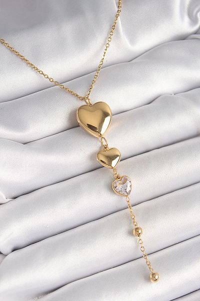 Skygo 316L Steel Gold Color Hanging Heart Model Women's Necklace with Zircon Stone Detail - Tj-Bko9934