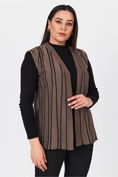 Uludağ Triko Women's Brown Glitter Striped V-Neck Seasonal Mother Summer Vest