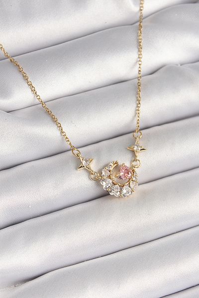 Skygo 316L Steel Gold Color Zircon Stone Crescent Pink Heart Model Women's Necklace - Tj-Bko9932