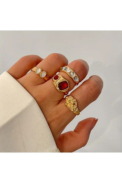 Takıtolia Olivien - 4 Pieces Colorful Stone Retro Design Multiple Gold Gold Vintage Gift Ring Set