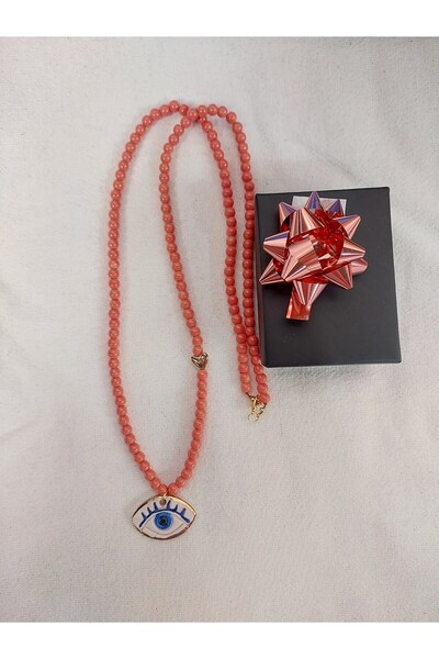 Handmade Göz Detaylı Elyapımı Seramik Uçlu Kolye 60cm