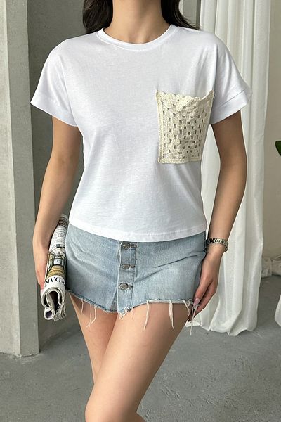 MD trend Women's Crew Neck Lace Pocket T-Shirt