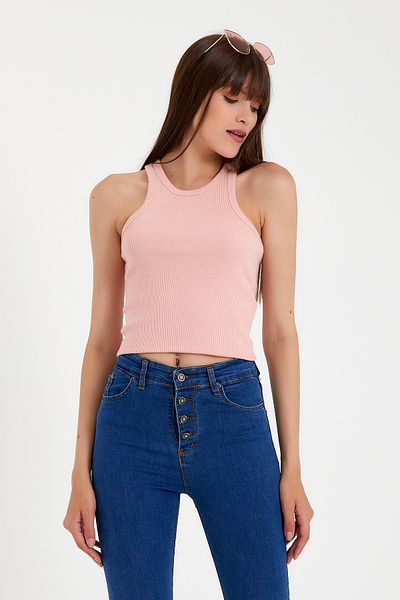 Superlife Süperlife Women Crop Knitted Back High Collar Slim Fit Tank-Tişört Spr21Y11