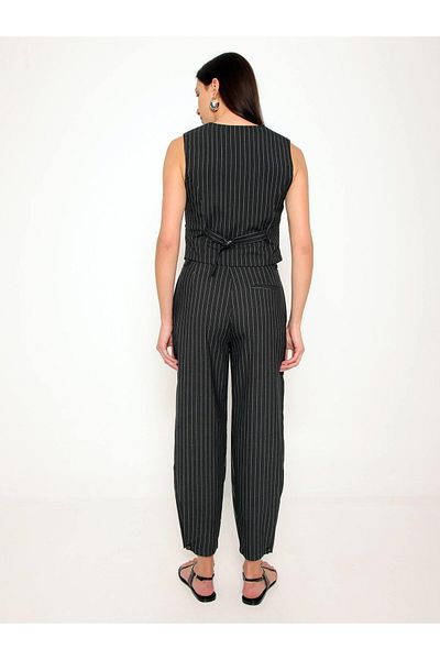 Coral Striped Vest Loose Trousers Suit Black