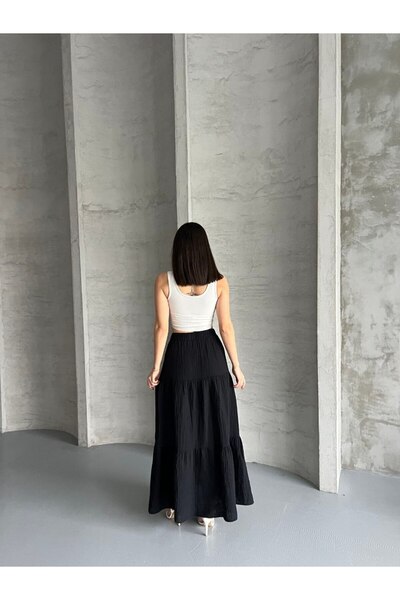 İLKCET MODA Gathered Layered Muslin Fabric Long Skirt