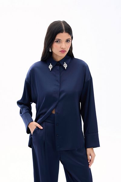Sateen Accessory Detailed Shirt - Navy Blue