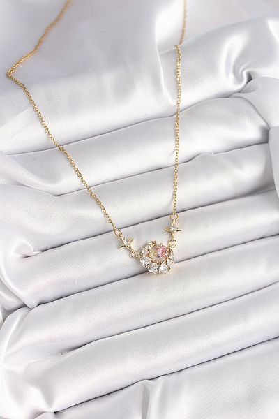 Skygo 316L Steel Gold Color Zircon Stone Crescent Pink Heart Model Women's Necklace - Tj-Bko9932