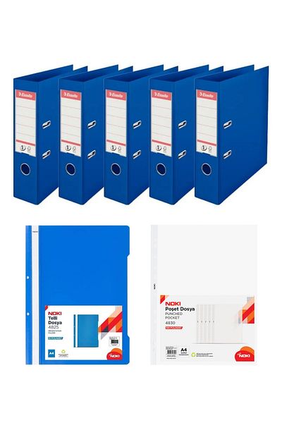 Esselte Set de foldere albastre cu mecanism larg (5 foldere + 50 de file cu inele + 100 de dosare de pungă)