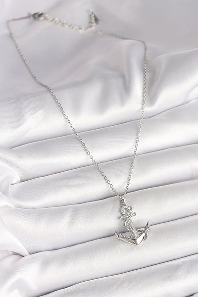 Skygo 316L Steel Silver Color Chain Zircon Stone Detailed Anchor Model Women's Necklace - Tj-Bko9951