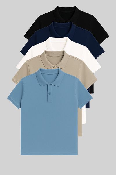 COMBİNE MİCHAİL Men's 5-Pack Black-Blue-White-Grey-Baby Blue Slim Fit 100% Cotton Polo Neck T-Shirt