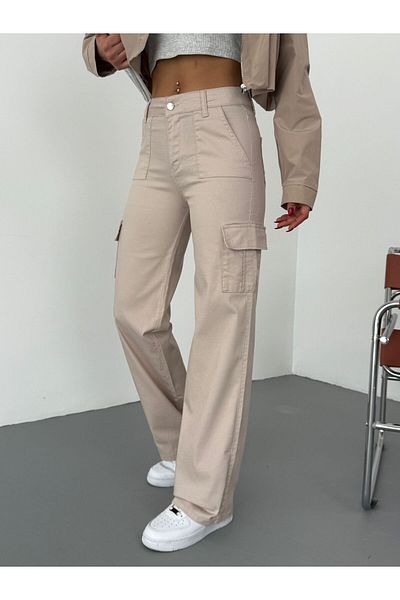 Wearflawless Women's Cargo Pocket Gabardine Fabric High Waist Trousers