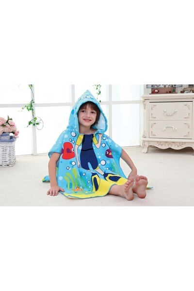 ECARLA Bath and beach towel, cape type bathrobe with hood, diver pattern for children, PEL01WZ8