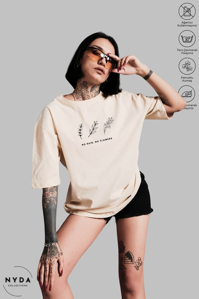 Nyda Collections Women's Crew Neck Minimal Floral Printed Cotton Oversize Sho...