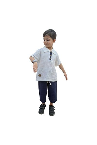 Tosyalı Burak Bebe Boy's Summer T-Shirt Capri Set - Muslin Organic Fabric, 6-10 Years, with Pockets, Luxury