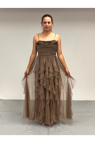 BUTİKHAPPYKİDS Girl's Evening Dress Bronze Short Mini Sequins Sequined Embroidered Tulle Layered Evening Dress with Wavy Skirt 10-14